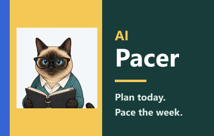 노트를 든 안경 쓴 샴고양이 달콤이와 AI Pacer 로고